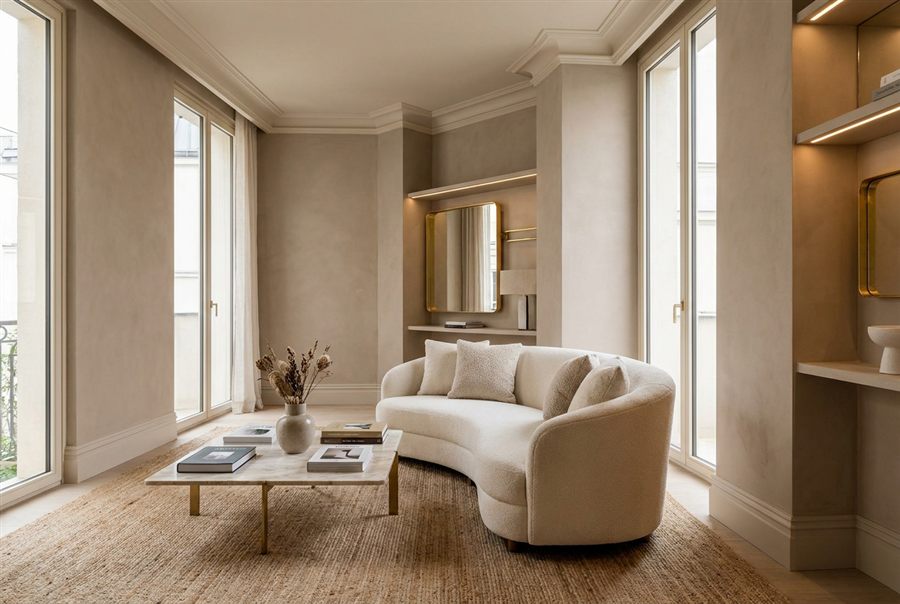 Finished living room with polished plaster walls, cornices and brass-lit shelving