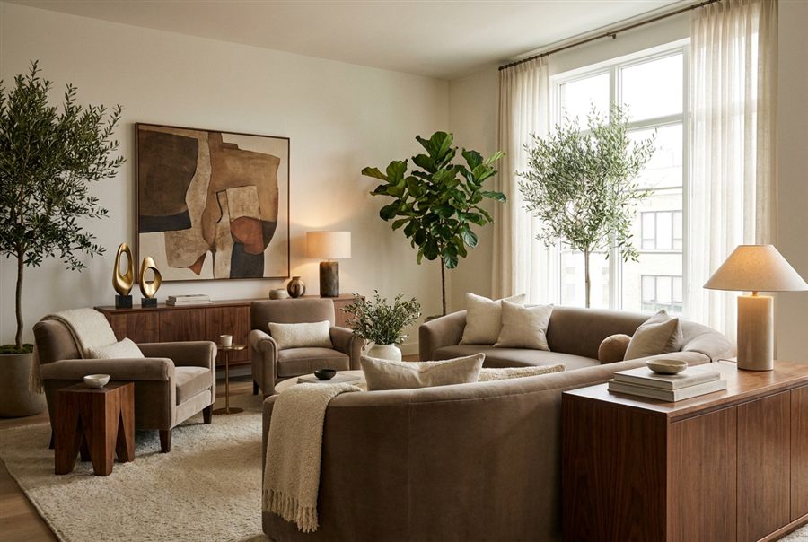 Styled living room with curved sofas, wall art and layered warm lighting