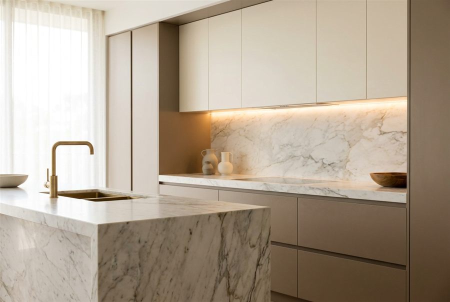 Minimalist kitchen with marble island, marble backsplash and under-cabinet lighting