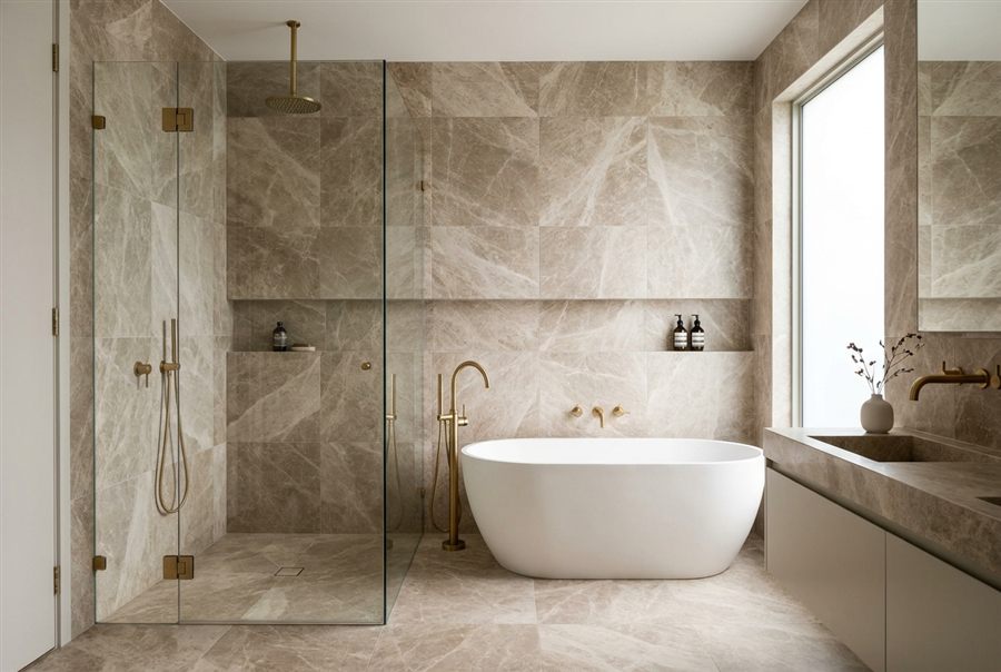Marble bathroom with freestanding tub, walk-in shower and brass fixtures