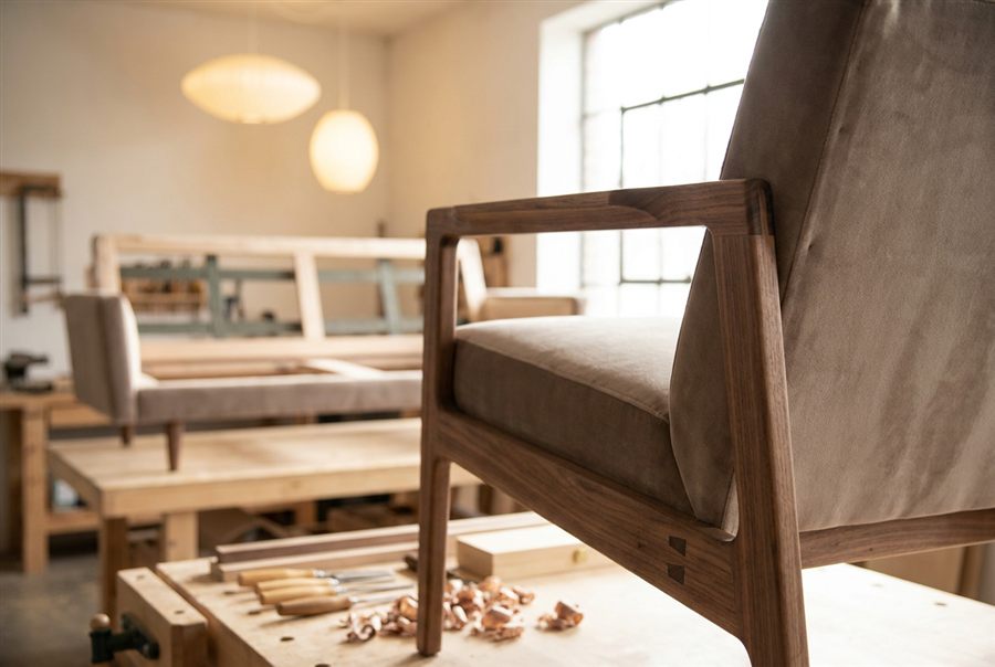 Walnut-frame armchair being built in the workshop, wood shavings on the bench
